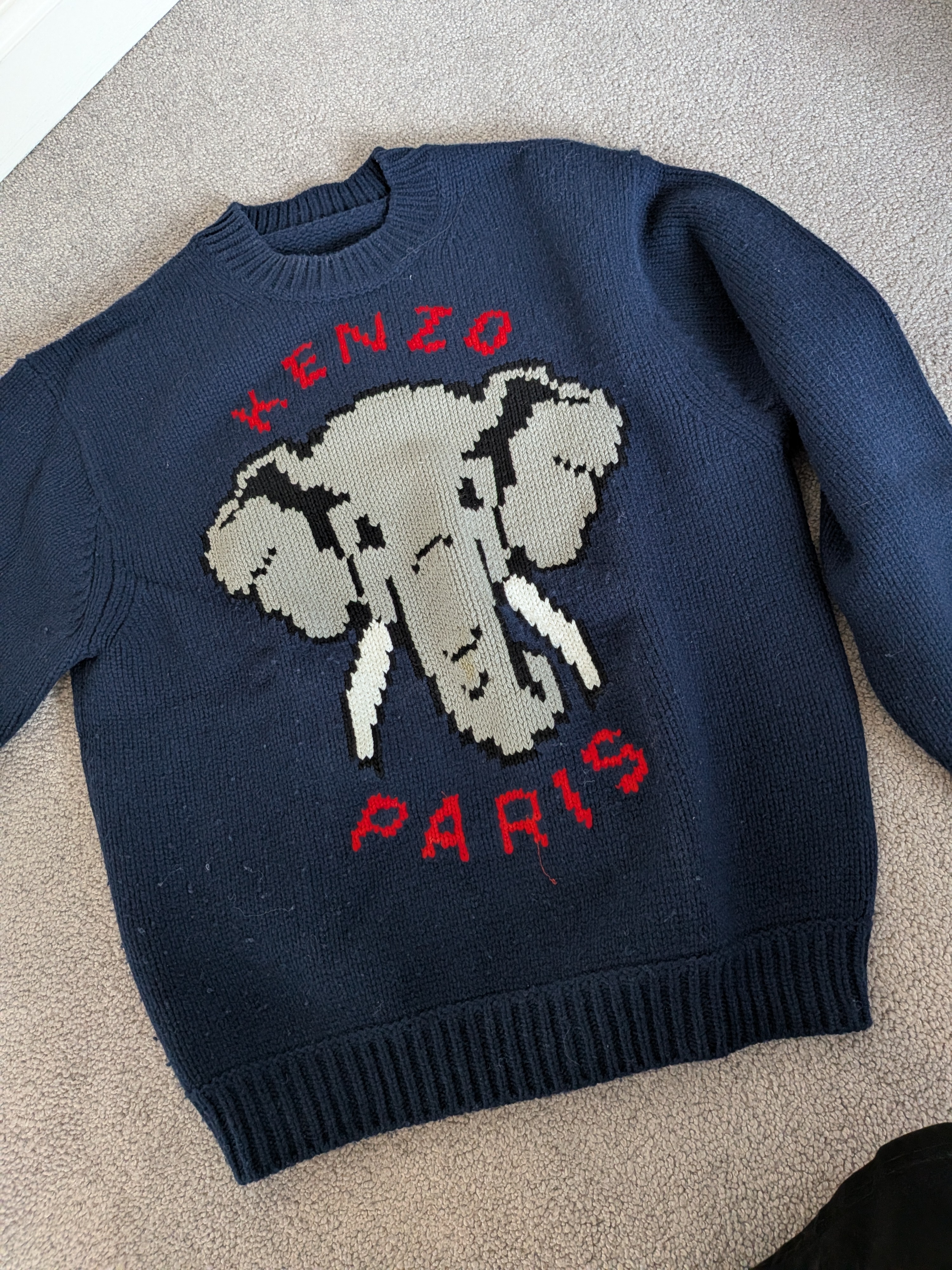 Kenzo Navy Sweater With Gray Elephant And Red Logo